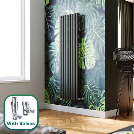 ELEGANT 1600 x 480 mm Anthracite Vertical Column Radiator Single Oval Panel Designer Efficient Radiator + Chrome Angled Radiator Valves (1/5)