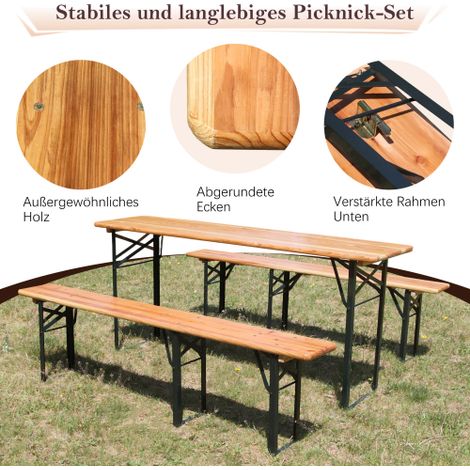 Garniture pour tente de bière pliable 177 cm, en 3 parties: 1 table pliante + 2 banquets de bière, pineau massif résistant aux intempéries, économiseur de place, Garniture pour tente de bière Festzelt (1/5)
