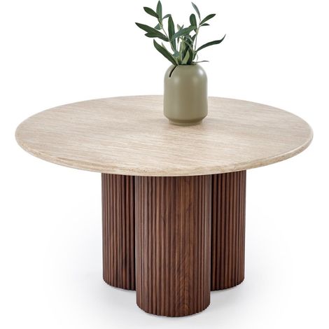 Petite table basse ronde 80 cm travertin et bois ZACK (1/5)