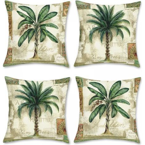 Set of 4 Tropical Palm Tree Cushion Covers, 45 x 45 cm, Polyester Linen Leaf Decorative Pillowcase for Sofa, Bed, Chairs, Car, Living Room, Home Decor (1/5)