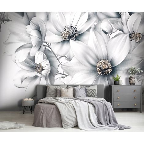 Papier peint panoramique fleurs blanches 3D intissé 350x250 cm mural salon chambre déco murale design