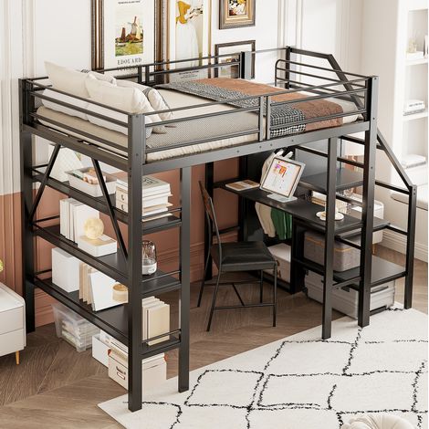 DESVIAE Lit mezzanine 140 x 200 cm avec bureau et armoire étagère de rangement à trois niveaux escalier sécurisé réversible structure en métal noir (1/5)