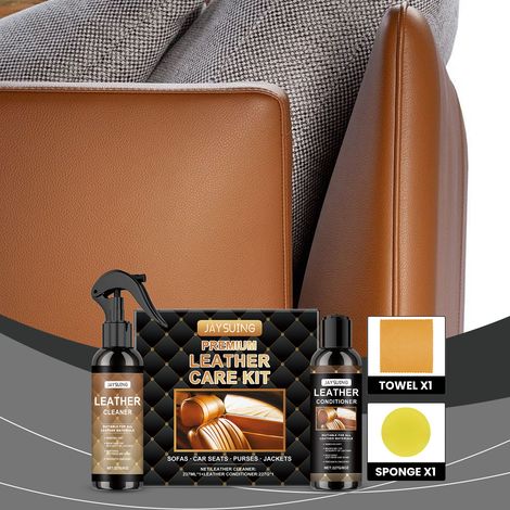 Leather Care Kit for Leather Sofas, Shoes, and Wallets - Cleaning, Stain Removal, and Maintenance Kit - Cleaner: 237ml1 + Conditioner: 227g1 + Sponge1 + Towel1 (1/5)