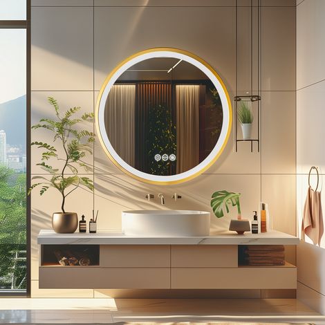 Gold Aluminium Alloy Frame Illuminated LED Bathroom Mirror Living Room Wall Mirror, Round 800mm (1/5)