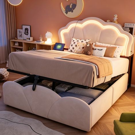 Letto imbottito 140x200 cm beige in velluto con contenitore idraulico, LED e prese integrate (1/5)