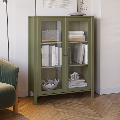 Buffet haut 2 portes vitrées 90x120 cm en pin kaki - VIKZA