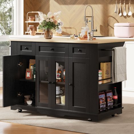 Isla de cocina 151.5x60x91.7 cm negro y natural en MDF, metal y vidrio templado con alas abatibles (1/5)