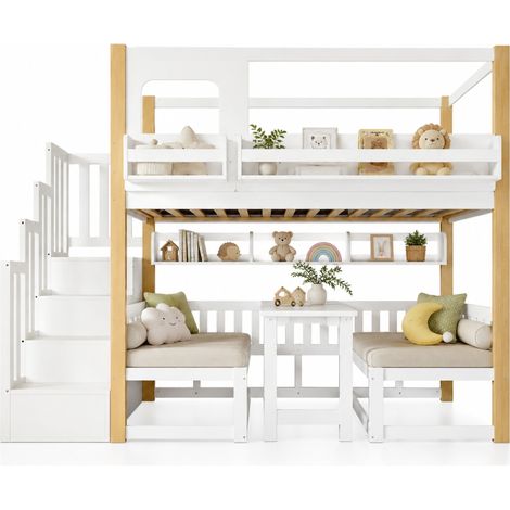 Lit mezzanine enfant 90x200 avec bureau rabattable réglable en hauteur, escalier de rangement, petite bibliothèque, barrières de sécurité, blanc et bois clair, CHICFURN (1/5)