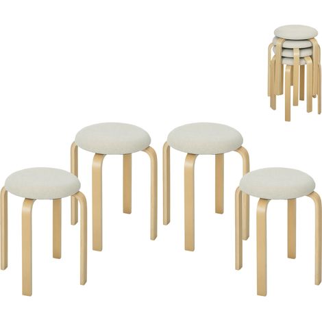 Set aus 4 stapelbaren, gepolsterten Hockern, lackiert, Holzbeine, cremeweiß