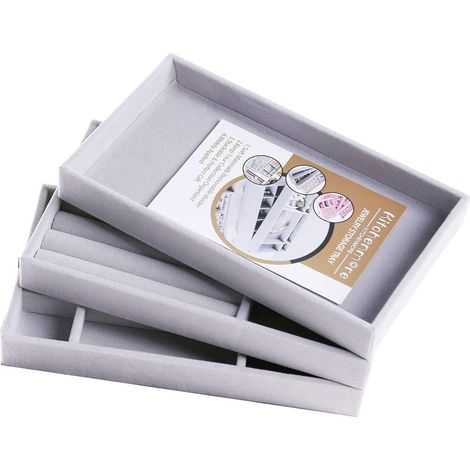 Plateau De Rangement Bijoux - Velours Gris - Diviseurs Amovibles - Empilable - Pour Tiroir Ou Étagère - Lot De 3 Pièces (1/5)