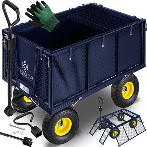 KESSER® Carro de mano 550 kg cargable, Carro de jardín, Carro de transporte, Lona desmontable, versátil incl. Guantes, Azul Marino / 550Kg