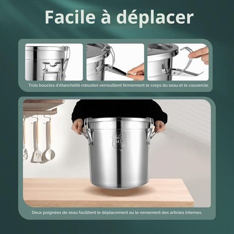 Seau hermétique en acier inoxydable Récipient à farine Stockage aliments cuisine Boîtes conservation riz, farine, céréales - 21 L (1/5)