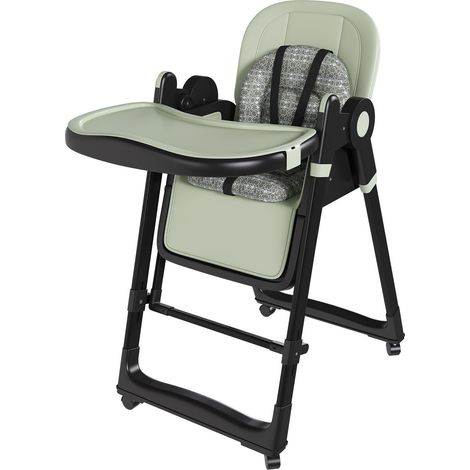 Chaise haute bébé 2-en-1 avec fonction balancelle, harnais 5 points, roulettes avec blocage, plateau amovible, pliable et réglable en hauteur, vert foncé (1/5)