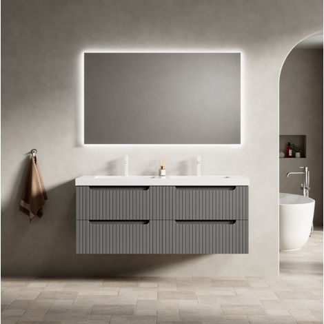 Hängender Waschtischunterschrank mit integriertem Mineralwerkstoffbecken, Soft Close Schubladen, Harz, Dunkelgrau (1/5)