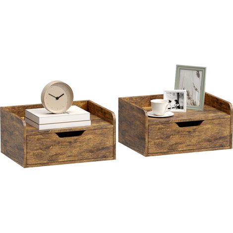HOMCOM Floating Nightstands Set of 2, Nightstand with Drawer, Rustic Brown