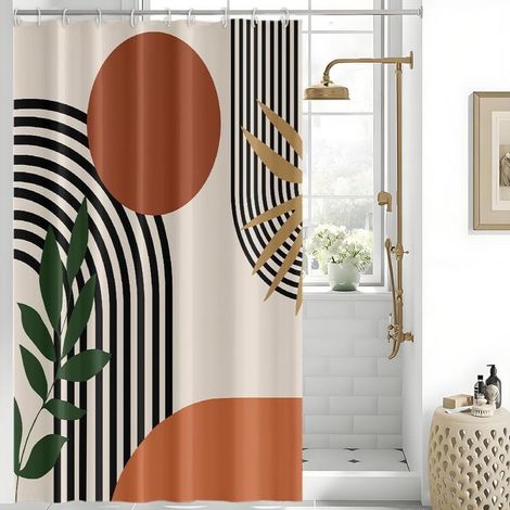 Rideau Douche Anti Moisissure, Rideau de Douche Terracotta 150x180cm Tissu Lavable Orange Boheme Rideaux de Baignoire Abstrait Imperméable Polyester Rideaux Salle de Bain avec 10 Crochets (1/5)