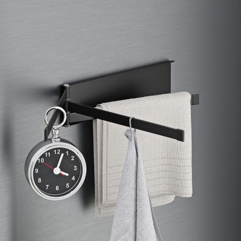 Porte-Serviettes sans Perçage Autocollant Support Mural Rotatif en Acier au Carbone Étagère Magnétique pour Machine à Laver pour Salle de Bain Étagère Douche Noir Mat 24×23,2×6 CM