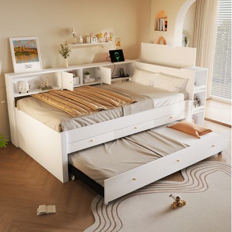 Letto estraibile 140x200 cm in MDF e pino bianco con USB e 3 cassetti - MEUBLIV (1/5)
