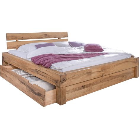 Lit double avec tiroirs 180x200 Chêne sauvage huilé Bianco JANGALI 101 (1/3)
