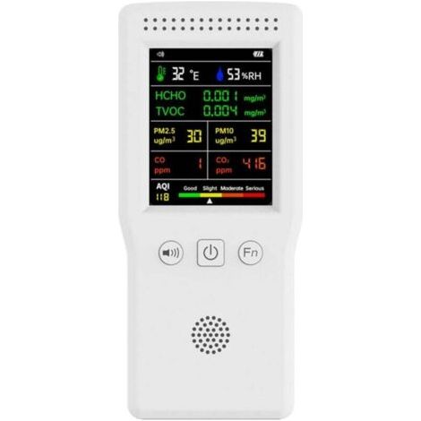 Green Mobility-Moniteur de qualité de l'air 9 en 1 : CO2, CO, PM2.5, HCHO, TVOC, température, humidité, écran LCD blanc. (1/4)