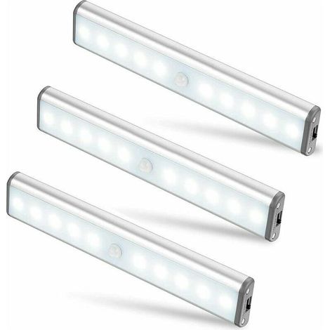 Lot de 3 Lampes 10 LED, Sans Fil, Rechargeable par USB, Aimanté, Détecteur de Mouvement, 2 Modes d’Éclairage, Portable. Lumière de Placard, Baladeuse de Secours, Veilleuse Enfant, Appoint … [Classe én (1/4)