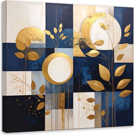 Toile Imprimée, Abstraction cercles feuilles bleu et or,30x30 (1/4)
