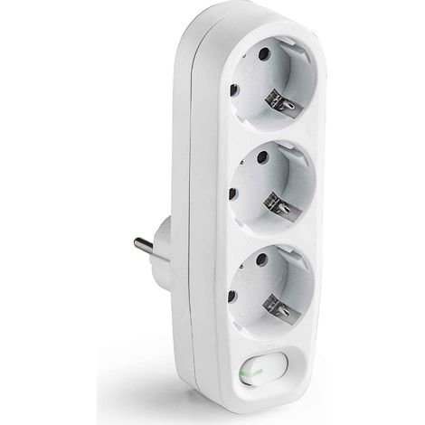Adaptateur 3 Prises 2p+t Schuko Avec Interrupteur Ip20 Blanc, Blister