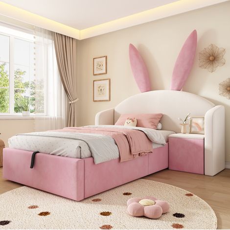 REDOM Cama infantil 206x149x143 cm, cabecero con orejas de conejo, mesita con almacenaje, terciopelo beige y rosa (1/5)