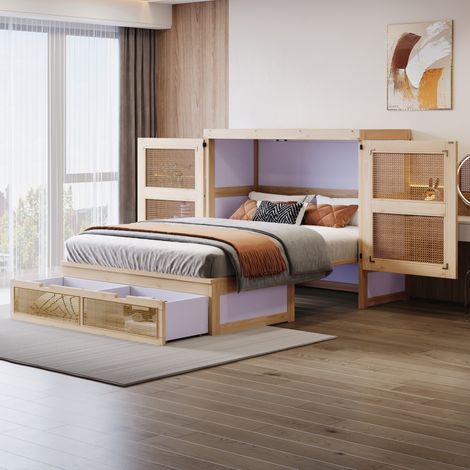 Cama abatible vertical de madera color natural 140x200 cm con somier de láminas y cajones de almacenaje (1/5)