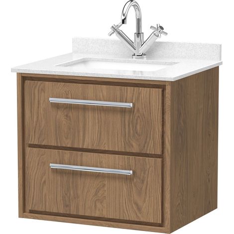 Longnor 2 Drawer Wall Hung Vanity Unit with Square Basin and Marble Worktop, Antique Oak, 600mm