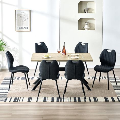 Esstischgruppe mit 6 Stühlen, rechteckig 140x80cm, Holzoptik, schwarze Metallbeine (1/5)