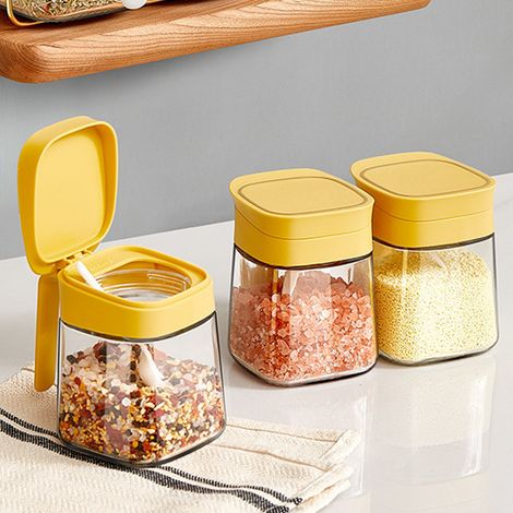 Pot à épices en verre transparent jaune pour sel, sucre et poivre. Idéal pour la cuisine. (1/5)