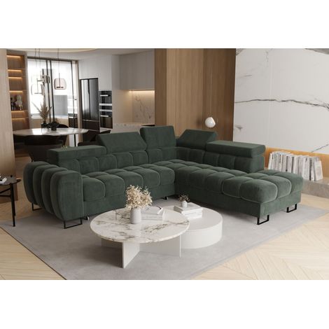 Ecksofa Schlafsofa BASTIEN MAX in Stoff Terra Grün Ottomane Rechts