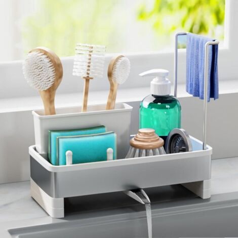 Organisateur d'évier avec bac d'égouttage automatique, porte-éponge, porte-serviettes et accessoires de cuisine (blanc) (1/4)