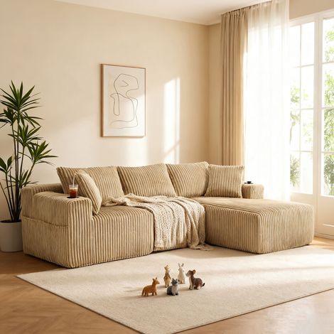Canapé d'angle modulable 257 cm en velours grosses côtes taupe (1/5)