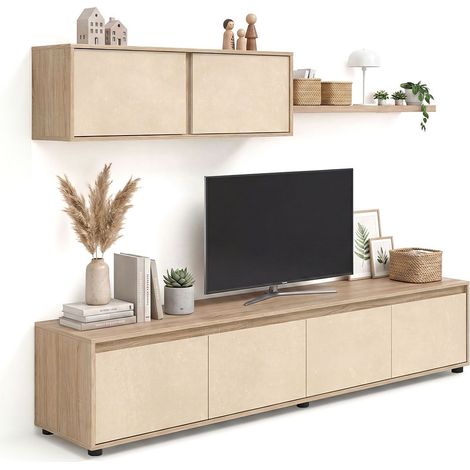 Salón con mueble de TV y estantería 200 cm Arlet Roble Canadian - Microcemento Beige (ancho) x 43cm (alto) (1/5)