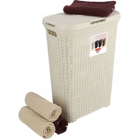 Curver – Coffre à linge 40L – Aspect rotin ivoire – Dimensions 44,7x26,5x61,5 cm – Matériau résistant aux rayures – Couvercle étanche pour odeurs