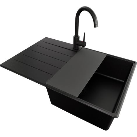 PRIMAGRAN Evier Cuisine en Granit 78x50cm, Lavabo 1 bac + Kit de Vidage + Accessoire, Évier à Encastrer au meuble 50cm - Copenhague, Tout Noir (1/5)
