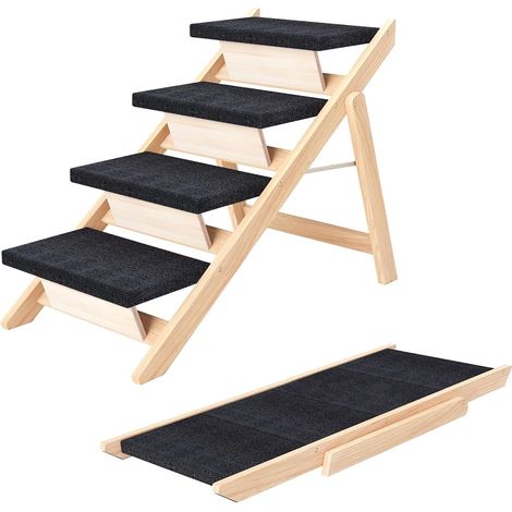 2-in-1 Wooden Dog Walking and Ramp, Foldable and Portable for Small/Medium Dogs and Cats, Non-Slip Ladder for High Beds, Sofas and Cars (Black, 71 x 65 x 40 cm, 4) (1/5)