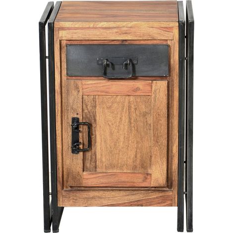 Chiffonnier en Bois d'Acacia Massif et Métal Commode Industrielle 1 Tiroir 1 Porte Largeur 50 cm - PANGIVO (1/5)