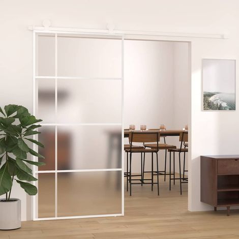 vidaXL Porte coulissante Verre ESG dépoli aluminium 102,5x205 cm Blanc (1/5)