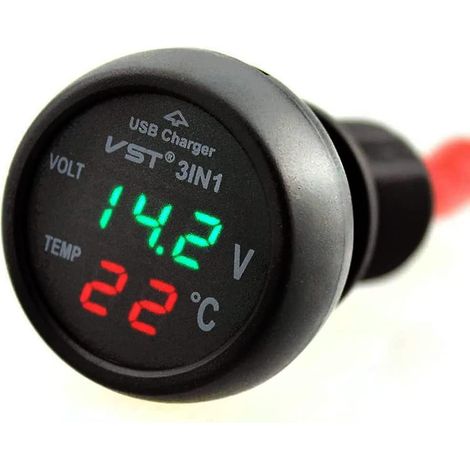Voltmètre de voiture 2024, 3 en 1 : thermomètre, chargeur USB et voltmètre avec écran numérique LCD (12-24 V). (1/5)