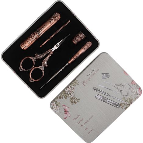 Kit Ciseaux de Broderie Rouge, Style Européen Rétro Antique, Acier Inoxydable, Ensemble Outils DIY Couture avec Poinçon (1/5)