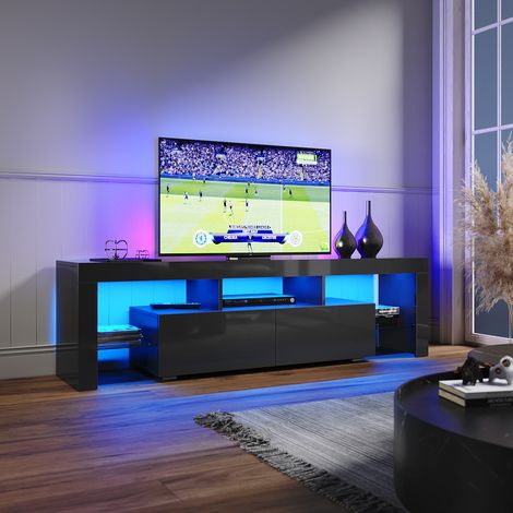 ELEGANT Black TV Stand Modern Gloss MFC TV Cabinet Unit with 2 Drawers and 2 Glass Shelf Living Room Storage Furniture 1600mm (1/8)