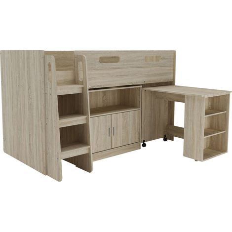 Mid Sleeper Bed Desk Cupboard - L98.6 x W195 x H120 cm - Assembly Required - Oak