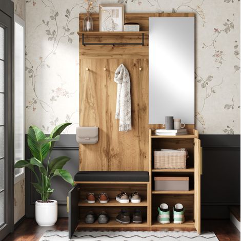 Mueble recibidor compacto negro y natural con espejo, banco y zapatero (1/5)