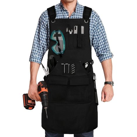 Tablier de travail pour homme en toile cirée 567 g/m² – Robuste et imperméable – Tablier pour la menuiserie et l'atelier avec 9 poches et gants magnétiques anti-coupures (1/5)