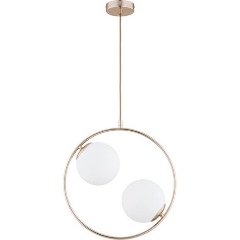 Alfa AVIA Modern Brass/Gold Ring Pendant Ceiling Lamp with 2 White Globe Shades, 2x E14 (Max 10W) Dimmable Hanging Light for Dining Room, Living Room, 85 cm
