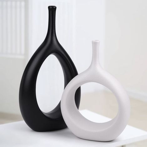 Vases 2PCS Noirs et Blancs,Vase Decoratif Moderne pour Herbe de la Pampa,Ceramique Donut Vases Vintage Decoration (1/5)