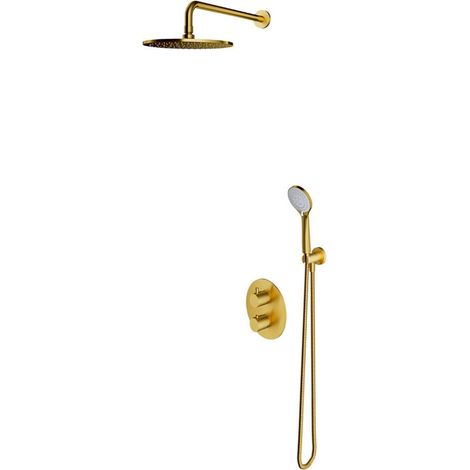 OMNIRES Y - Conjunto de ducha con termostato empotrado, con cuerpo, diámetro 25 cm, 5 chorros, oro cepillado SYSYT05GLB (1/2)